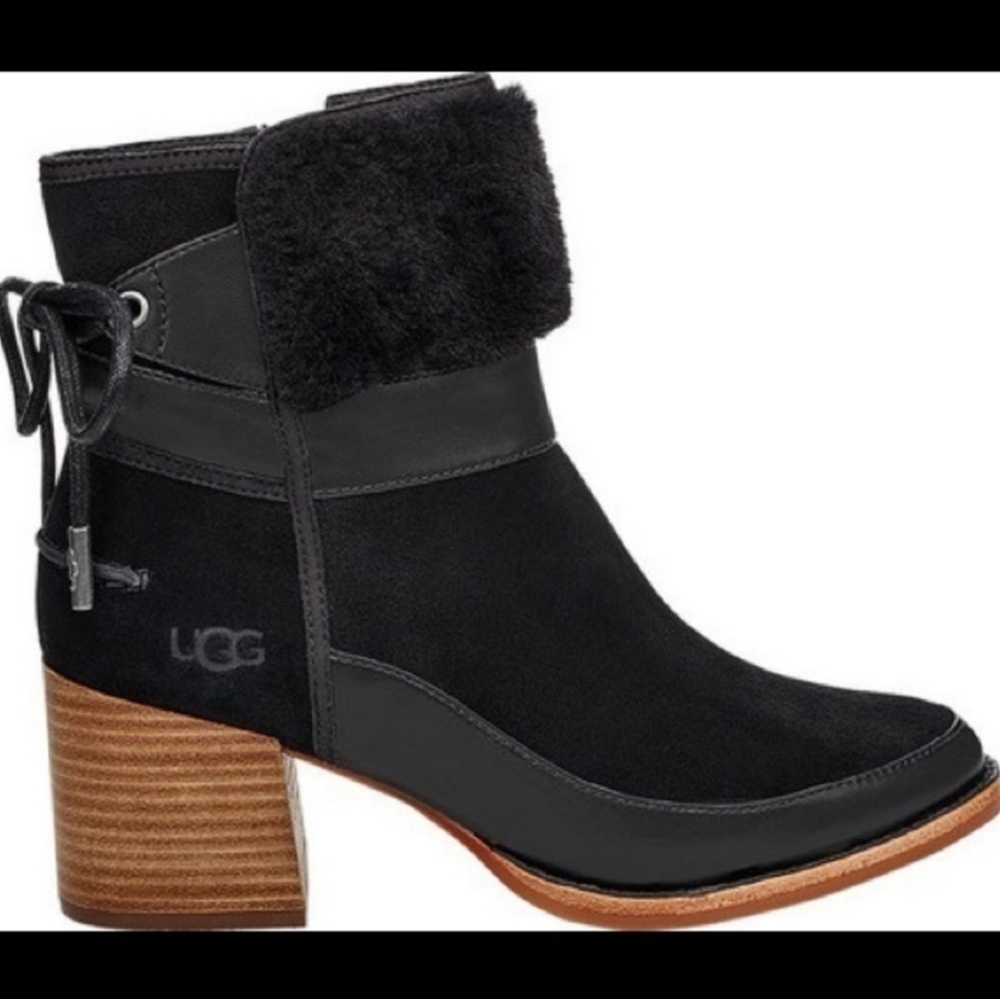 Ugg Kirke Suede Brushed Leather Shearling Stacked Heel Bootie Black Size 9 #458